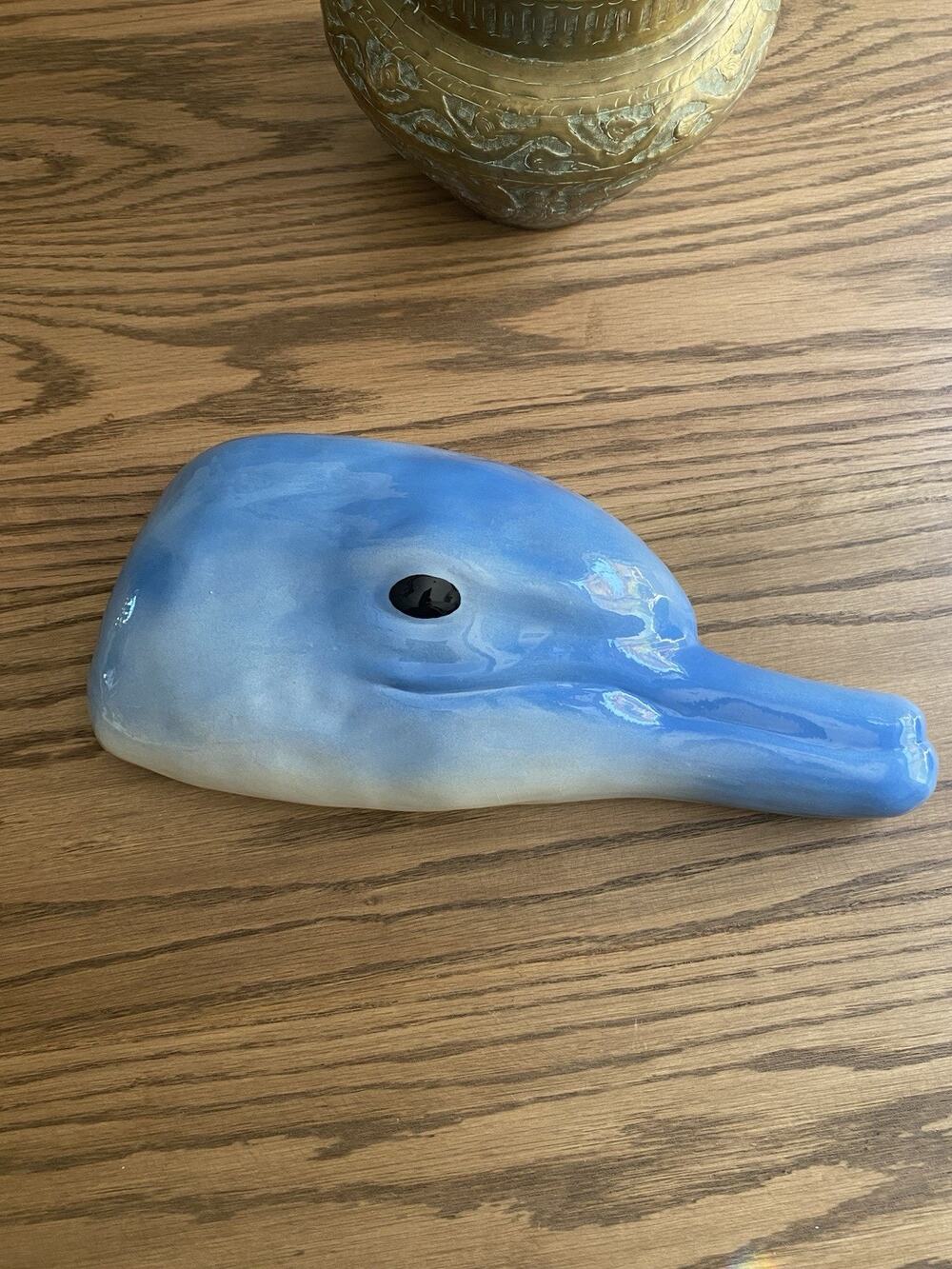 Vintage 1980s Hand Painted Ceramic Dolphin Hanging Wall Hanging Head Nautical